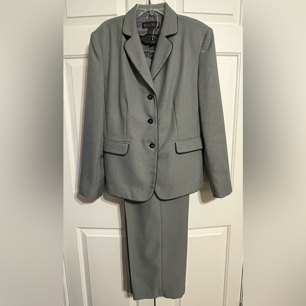Gray Women's Pantsuit with jacket trim in navy by Stanley Blacker in size 14.